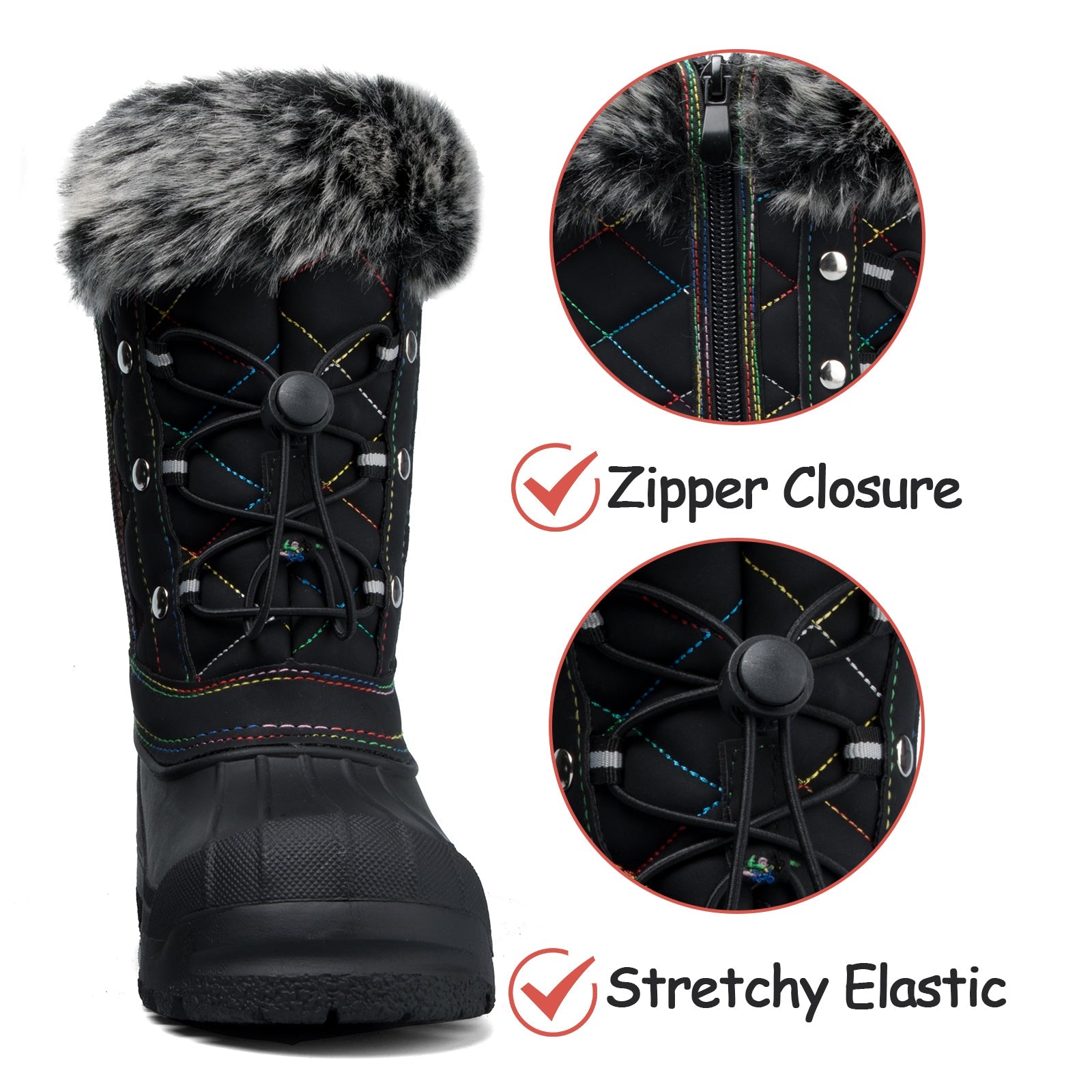 Black Color Line Non-Slip Waterproof Snow Boots - MYSOFT