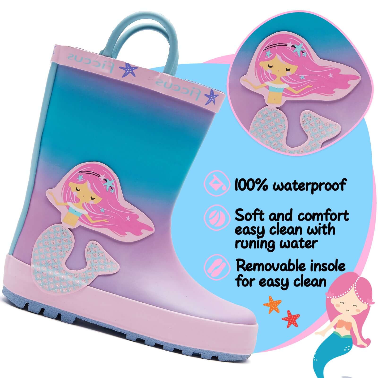 Mermaid Princess Powder Blue Gradient Rubber Rain Boots - MYSOFT