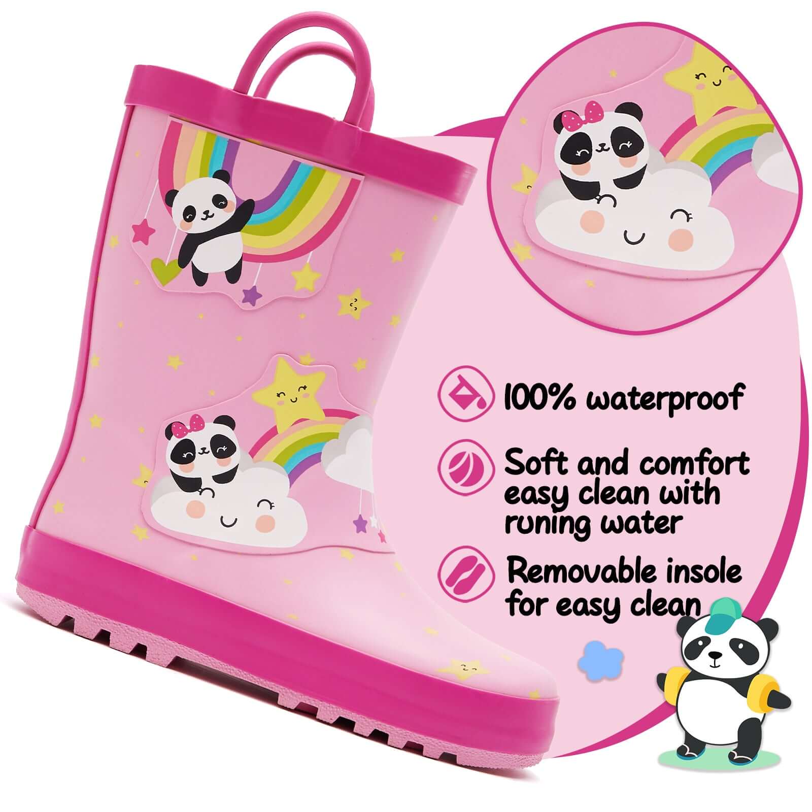 Rainbow Panda Waterproof Pink Rubber Rain Boots - MYSOFT