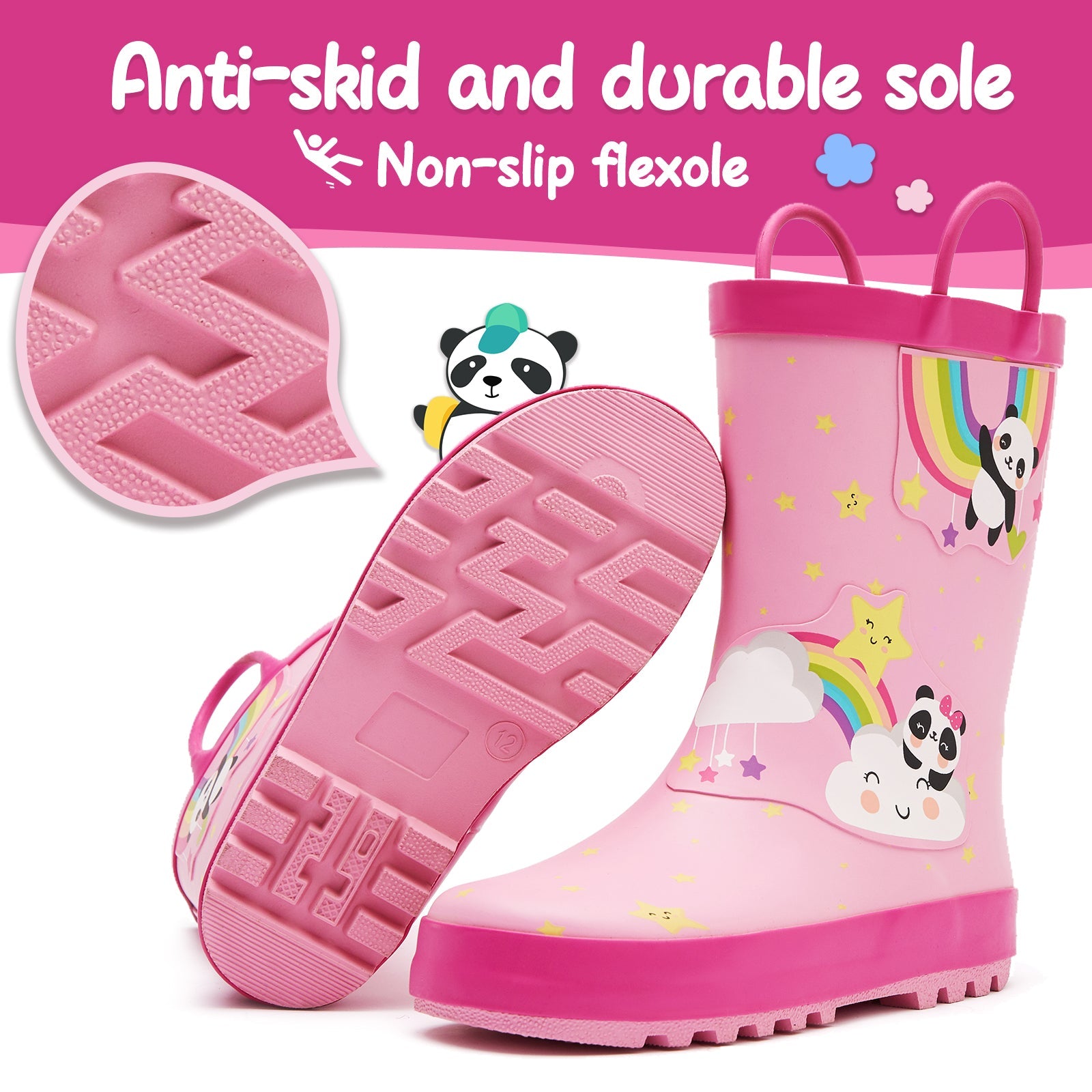 Rainbow Panda Waterproof Pink Rubber Rain Boots - MYSOFT