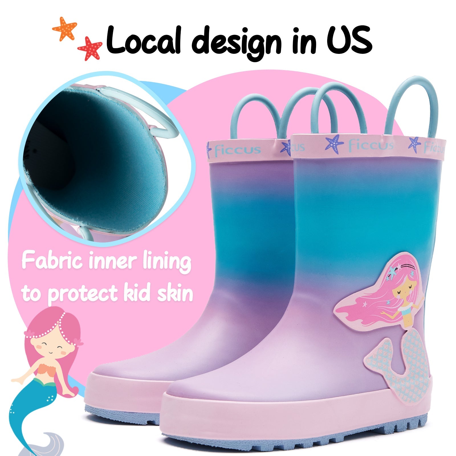 Mermaid Princess Powder Blue Gradient Rubber Rain Boots - MYSOFT