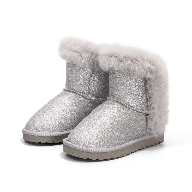 Girls Snow Boots Warm Fur Lined Glitter Strap Winter Shoes Lightweight with Hook-and-loop - K KomForme