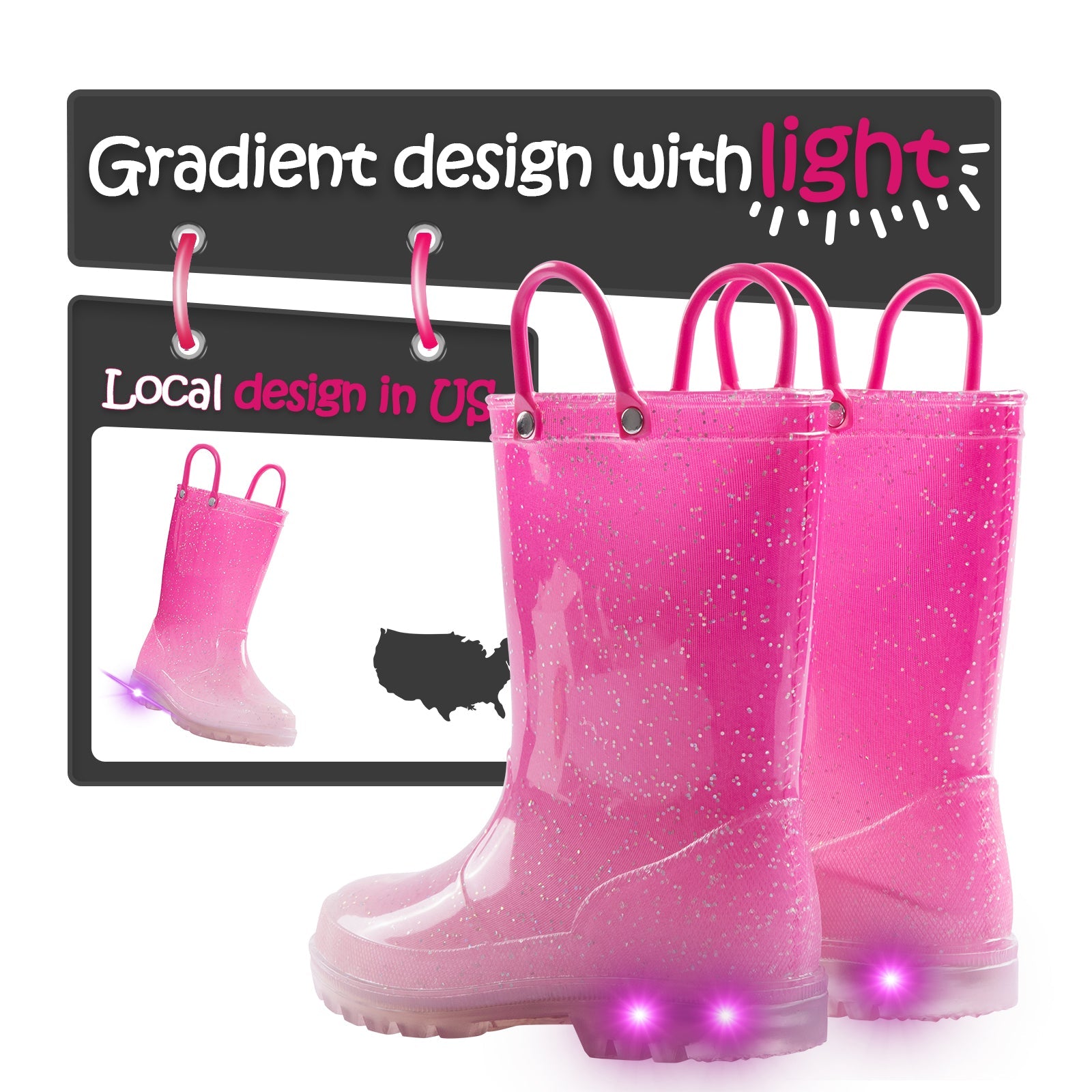 Pink Gradient Glitter Waterproof Lighted Rain Boots - MYSOFT