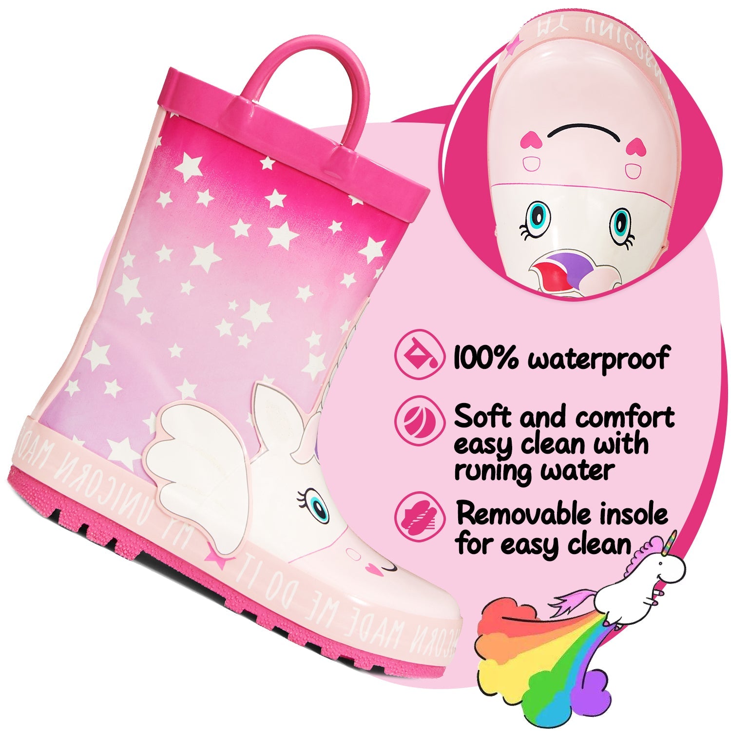 Fantasy Unicorn Waterproof Pink Handle Rain Boots - MYSOFT