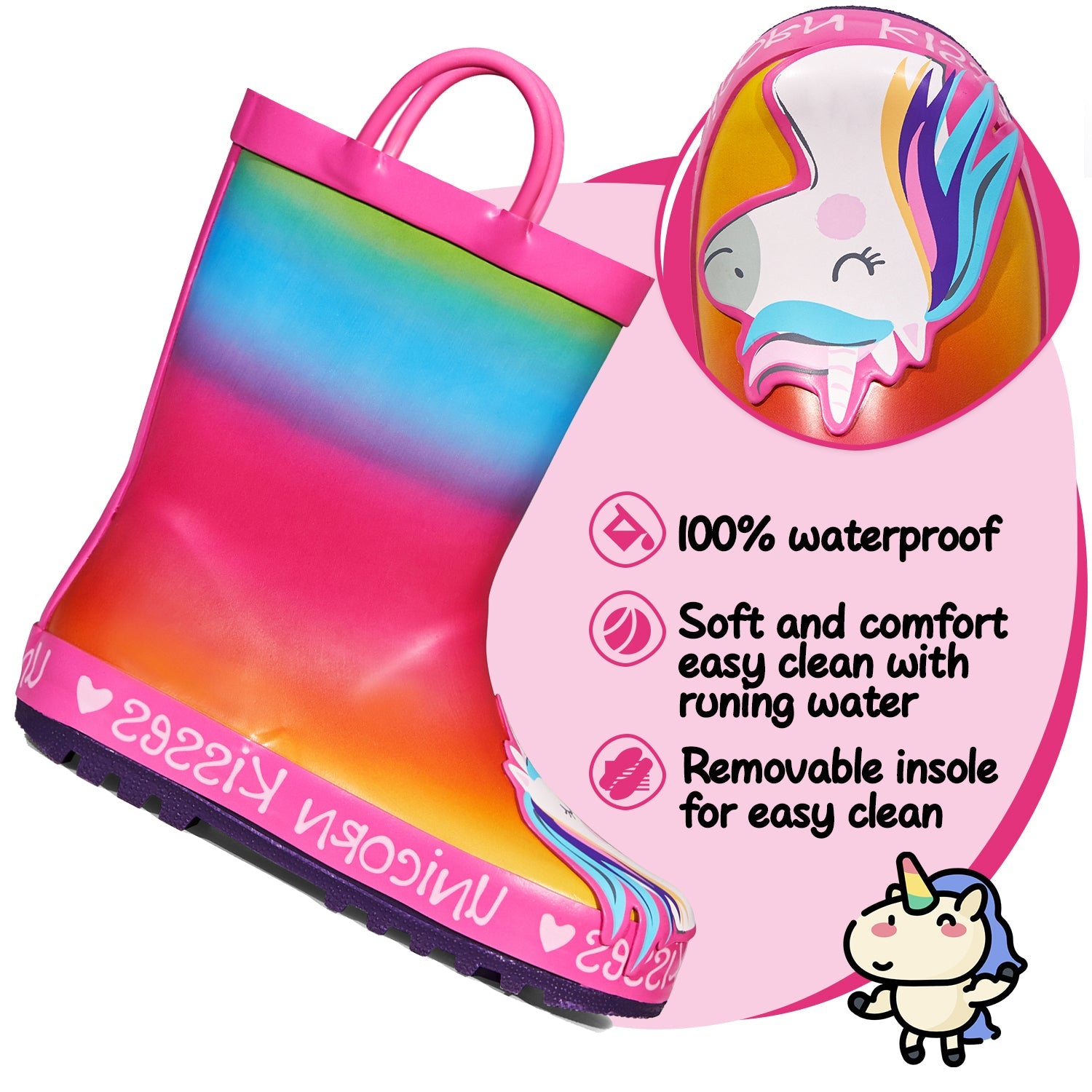 Unicorn Print Waterproof Rainbow Rubber Rain Boots - MYSOFT