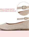 Silver Glitter Ankle Strap Ballet Flats - MYSOFT