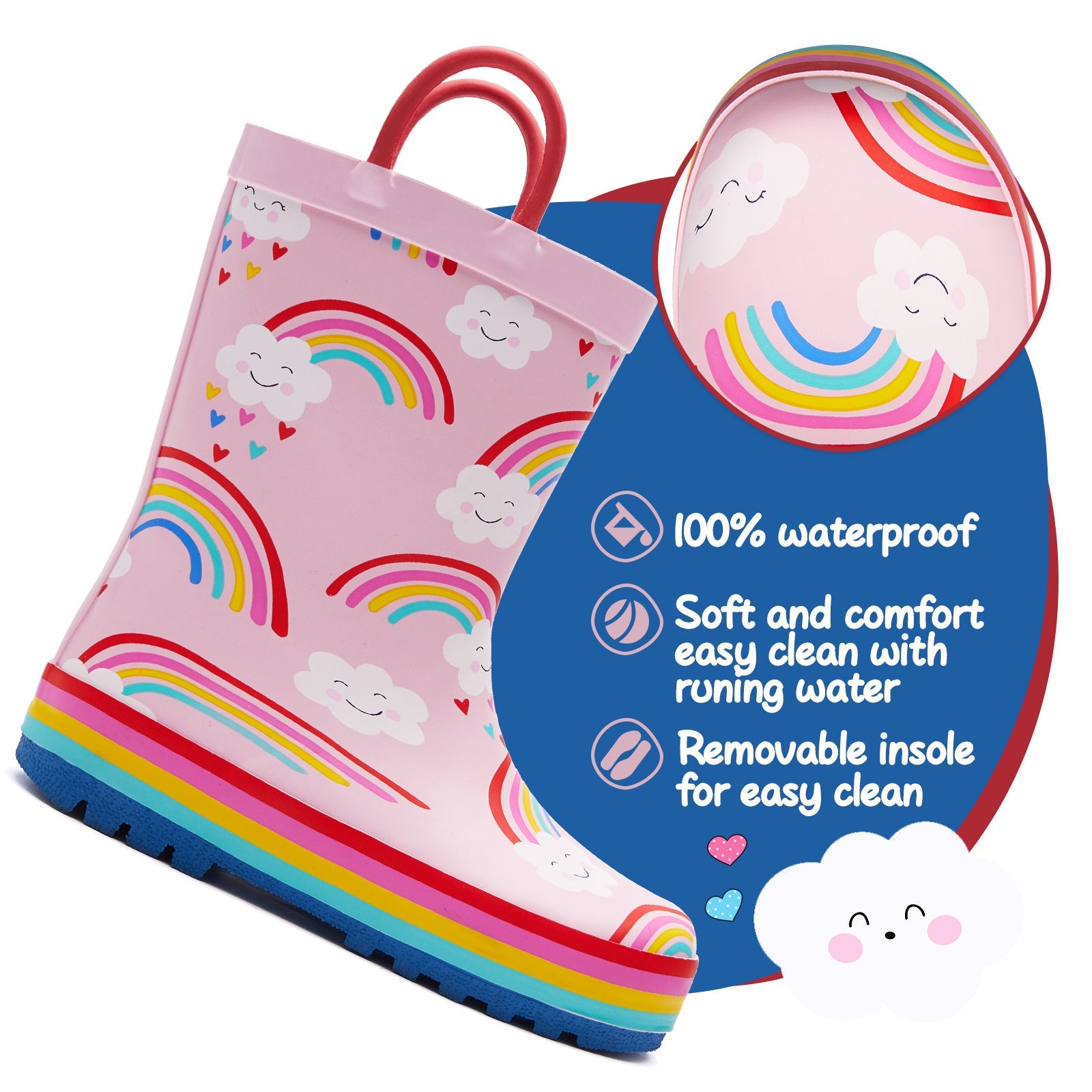 Rainbow Cloud Waterproof Pink Rubber Rain Boots - MYSOFT