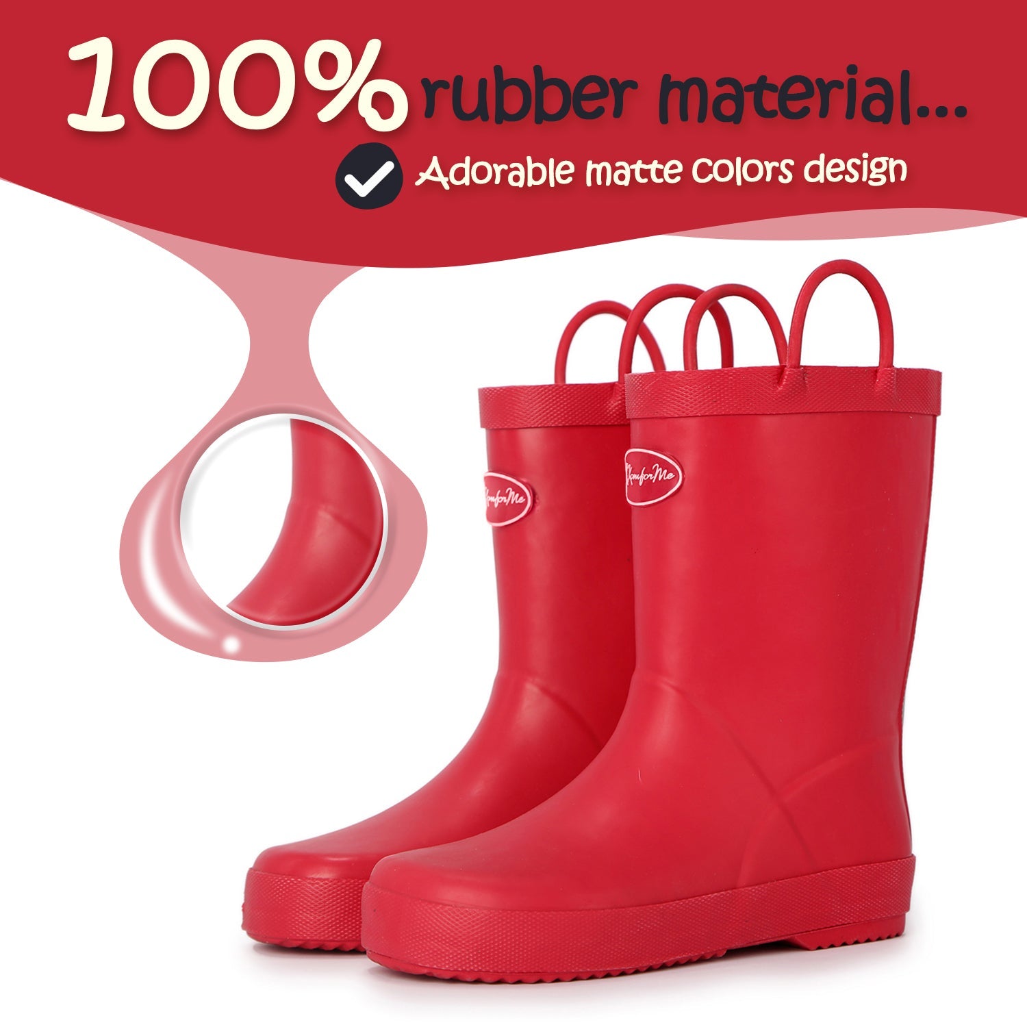 Pure Red Waterproof Rubber Rain Boots - MYSOFT