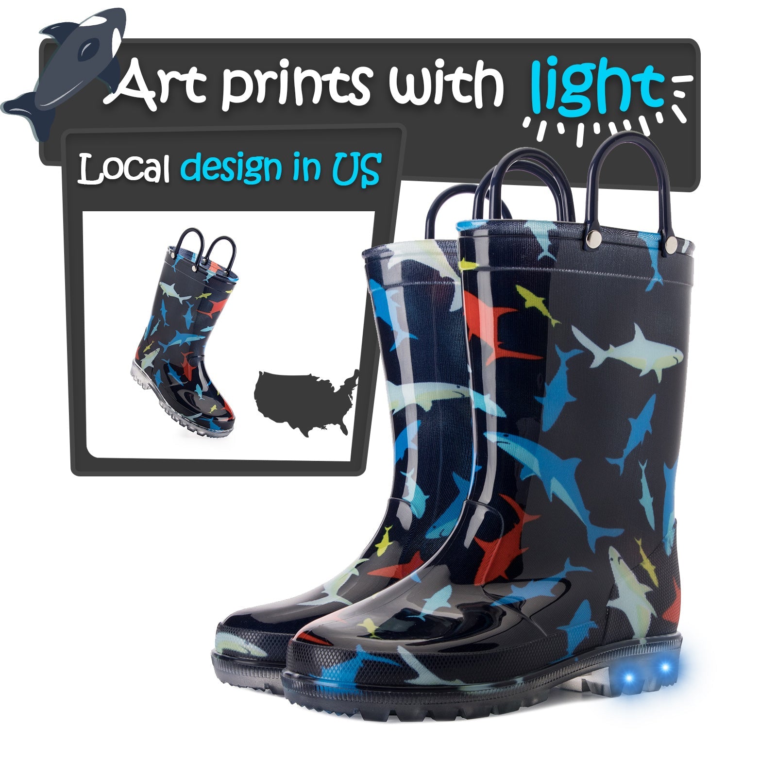 Multicolor Shark Waterproof Lighted Rain Boots - MYSOFT