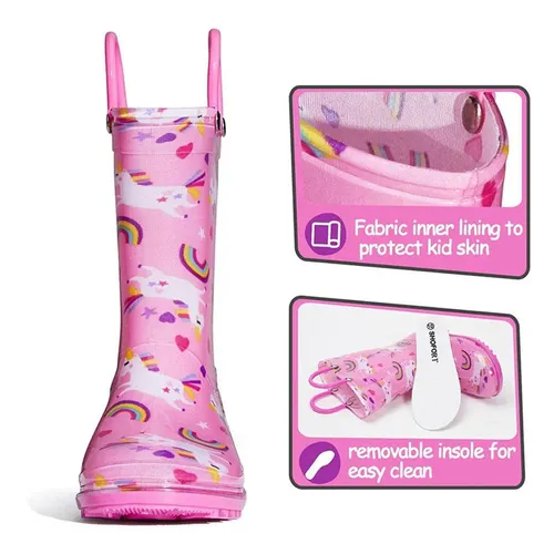 Girls Light Rain Boots Pink Rainbow Uncorns Kids Shoes - KKOMFORME