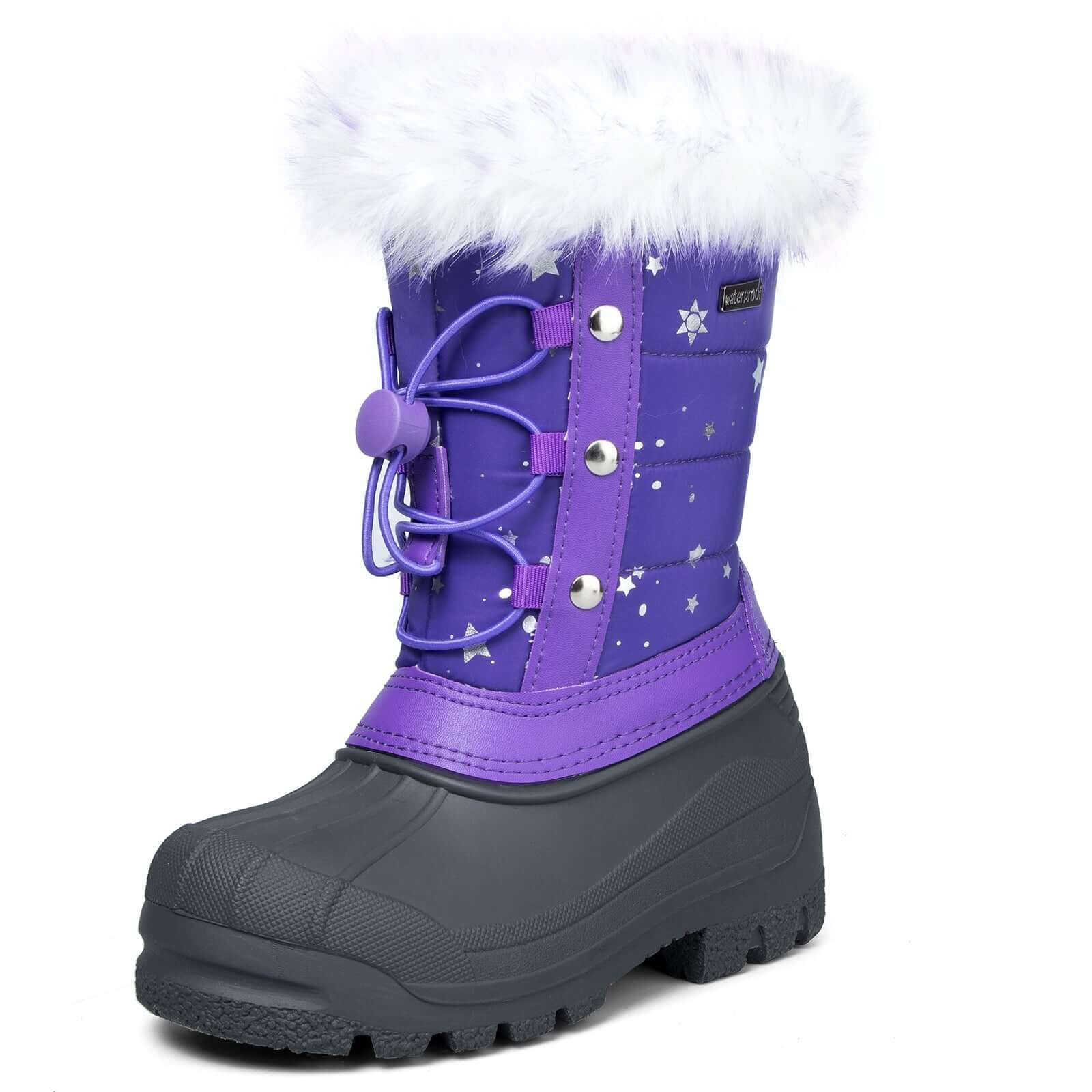 Purple Fur Collar Glitter Stars Waterproof Snow Boots - MYSOFT