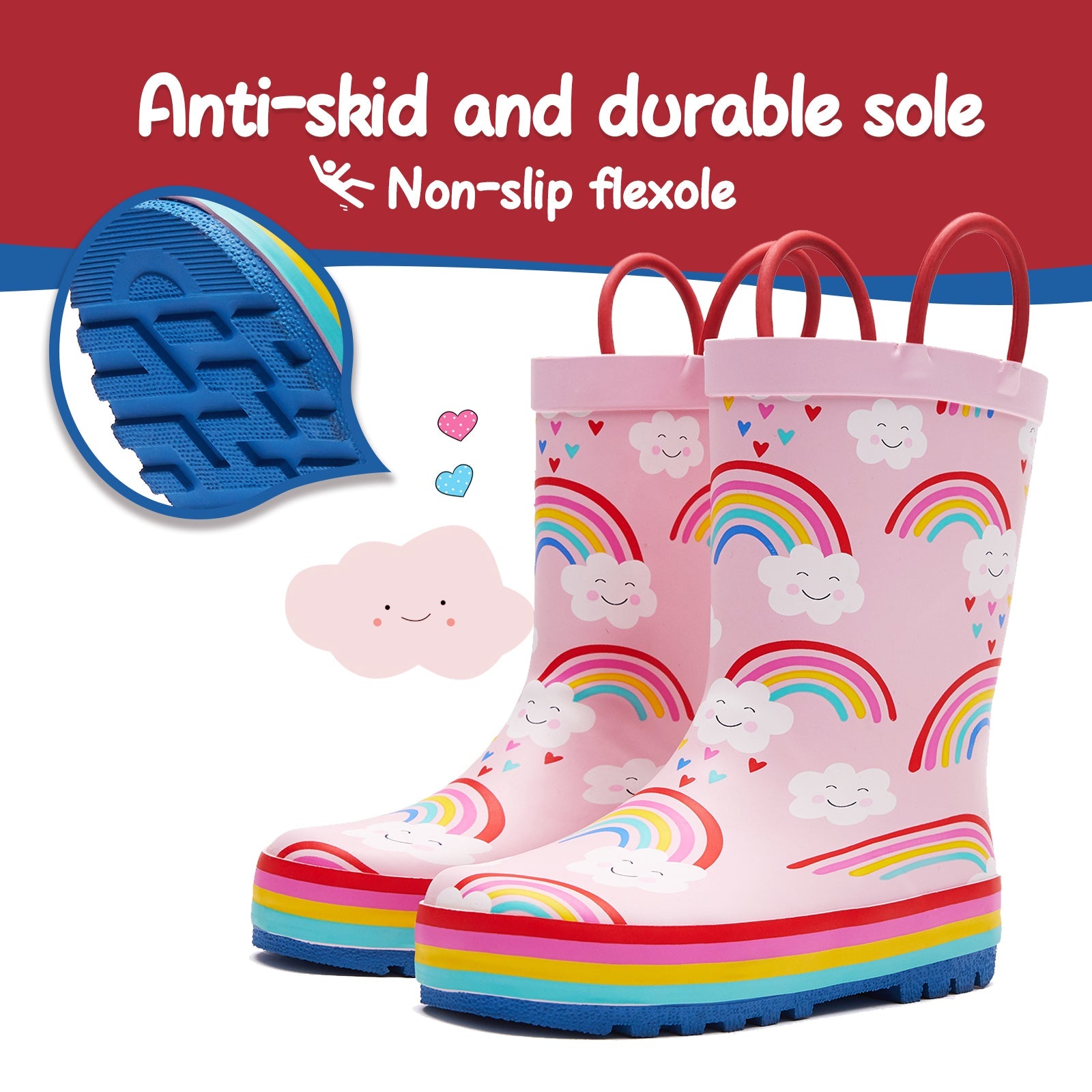 Rainbow Cloud Waterproof Pink Rubber Rain Boots - MYSOFT