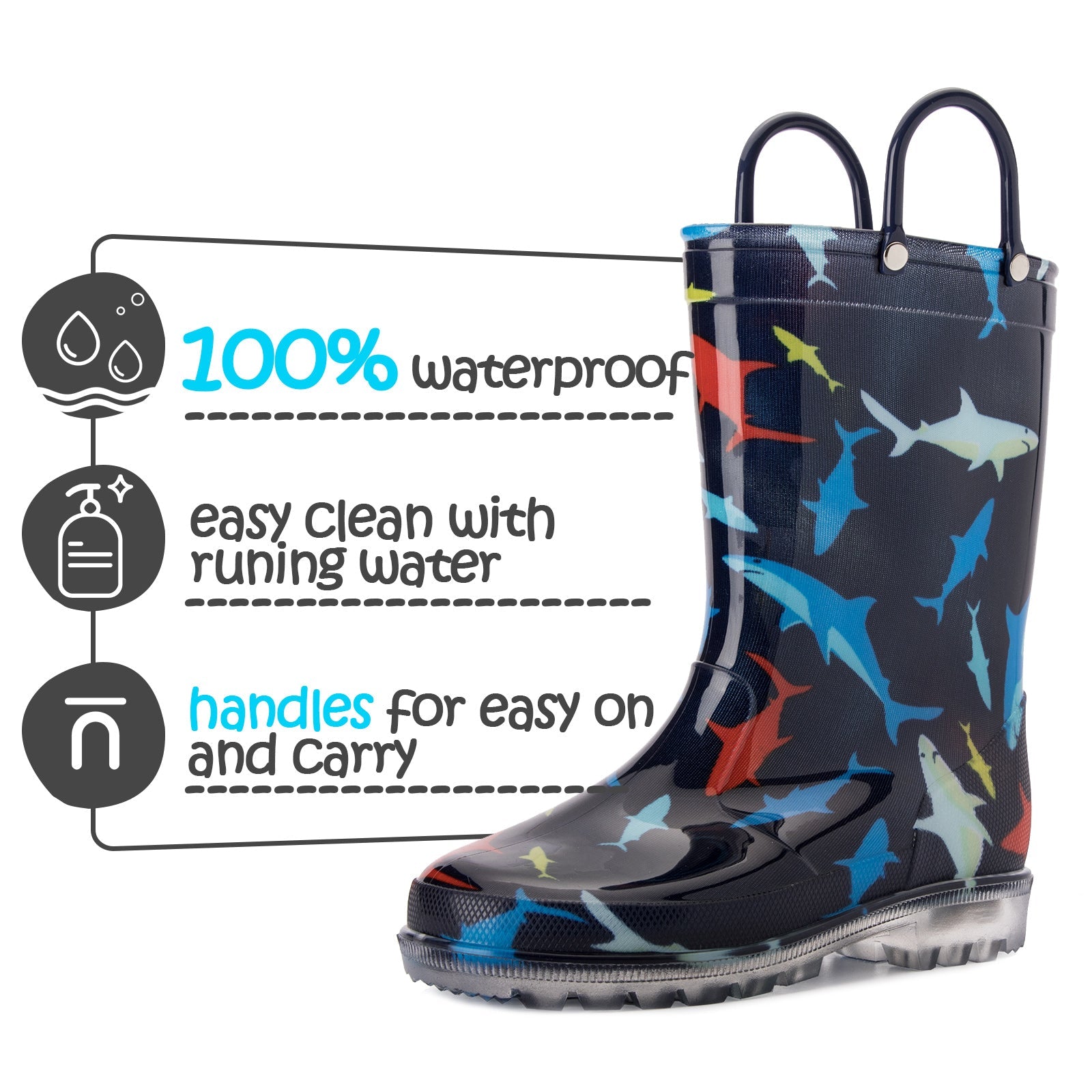 Multicolor Shark Waterproof Lighted Rain Boots - MYSOFT