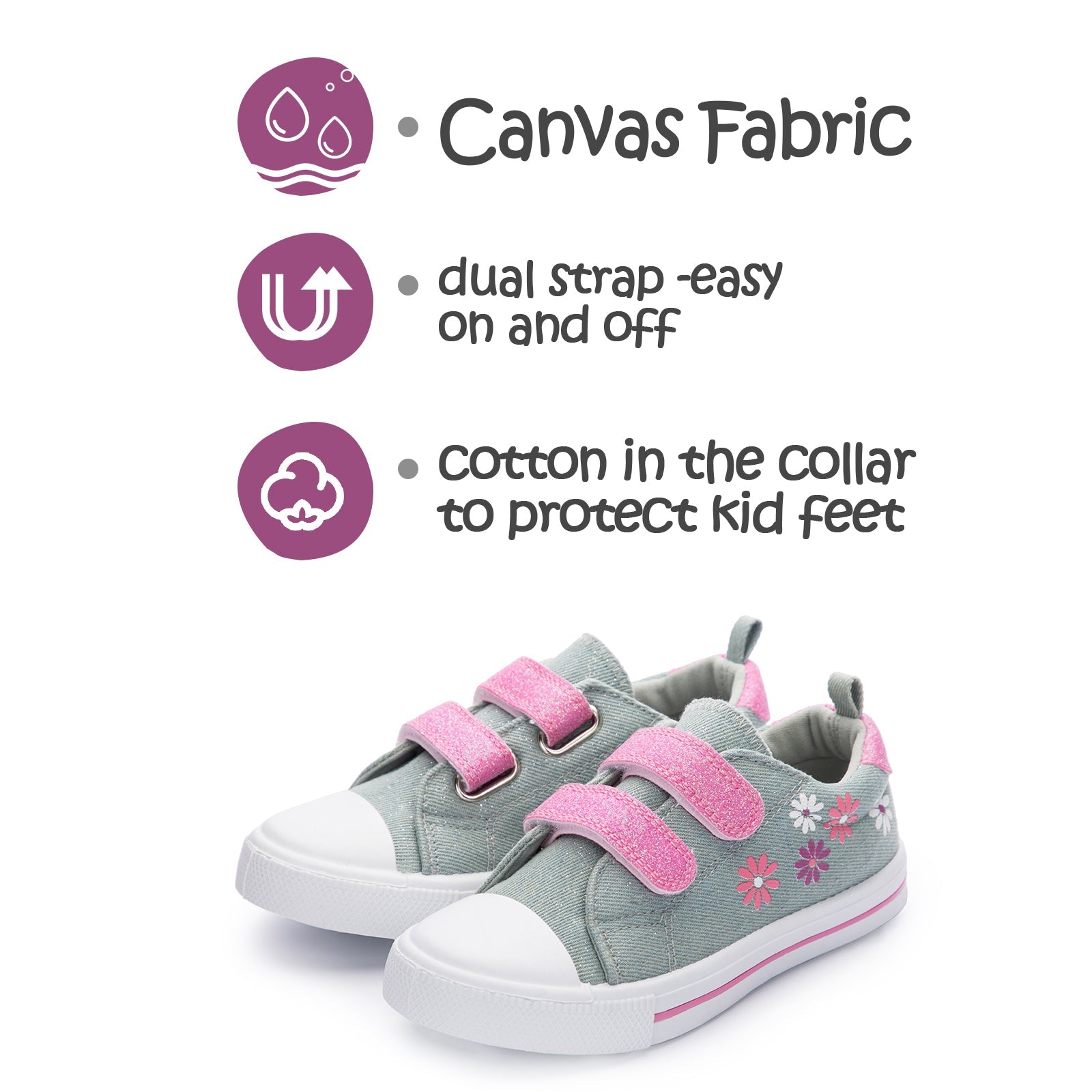 Floral Pattern Pink Velcro Strap Gray Sneakers - MYSOFT