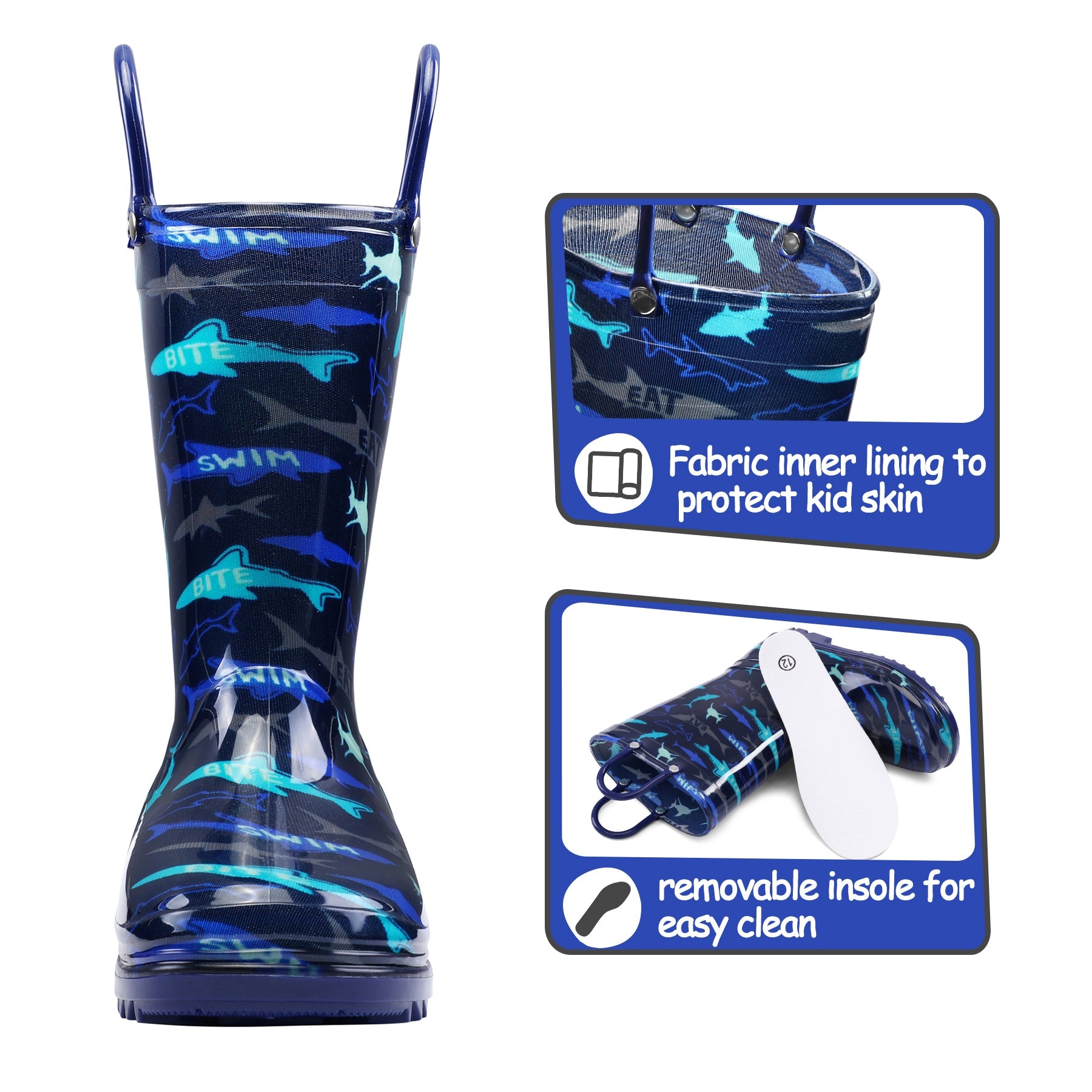 PVC Shark Print Navy Rubber Rain Boots - MYSOFT