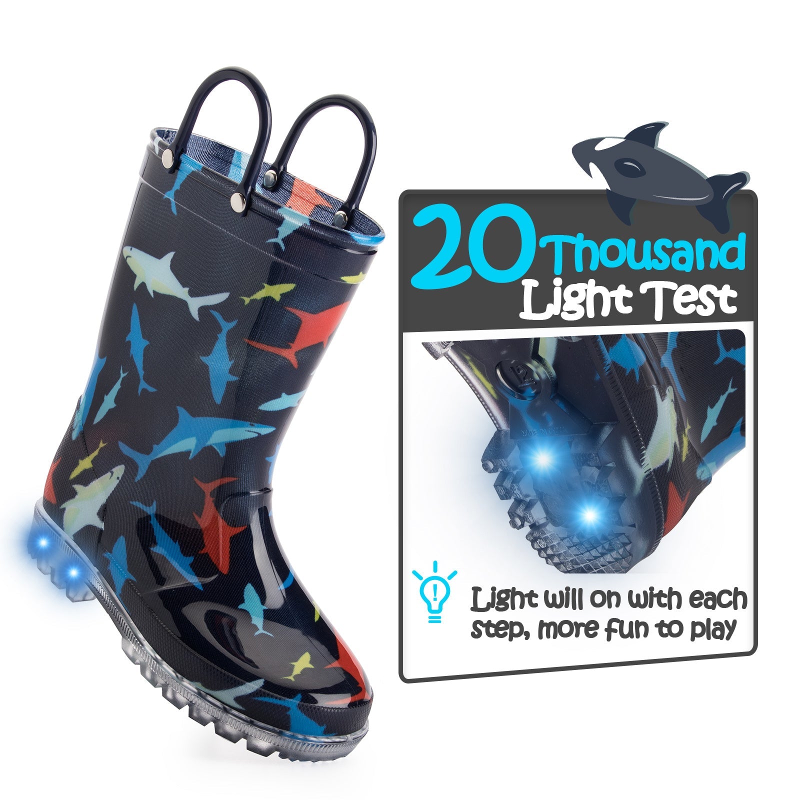 Multicolor Shark Waterproof Lighted Rain Boots - MYSOFT