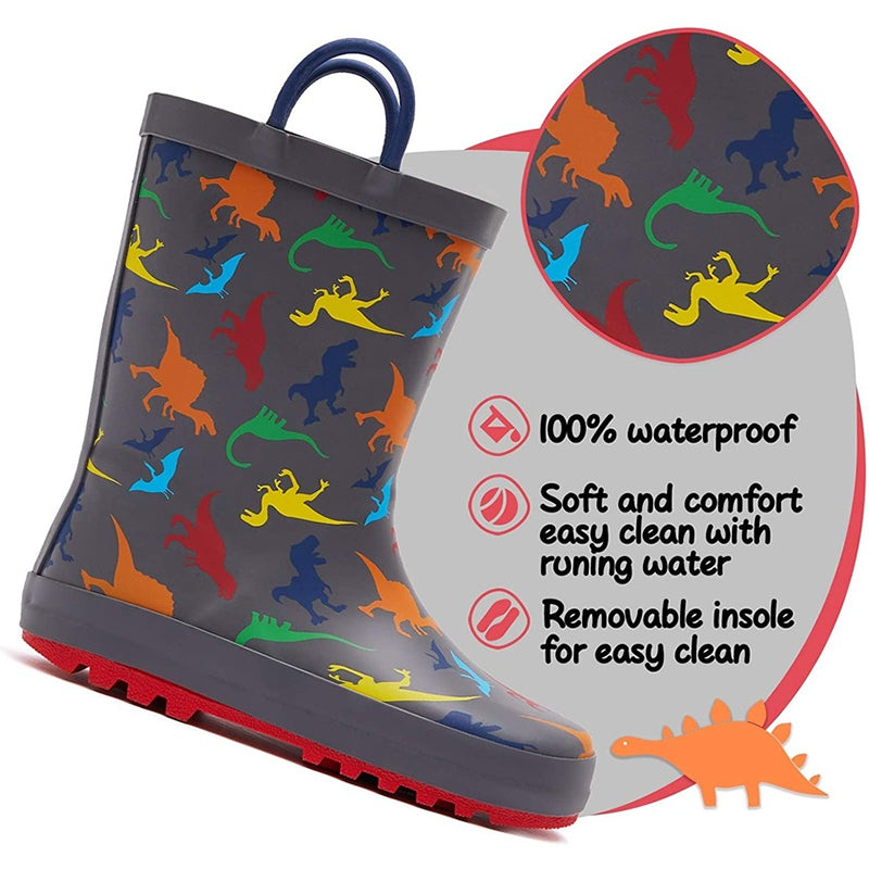 Boy&Girl Rain Boots Waterproof Gray Dinosaur - KomForme