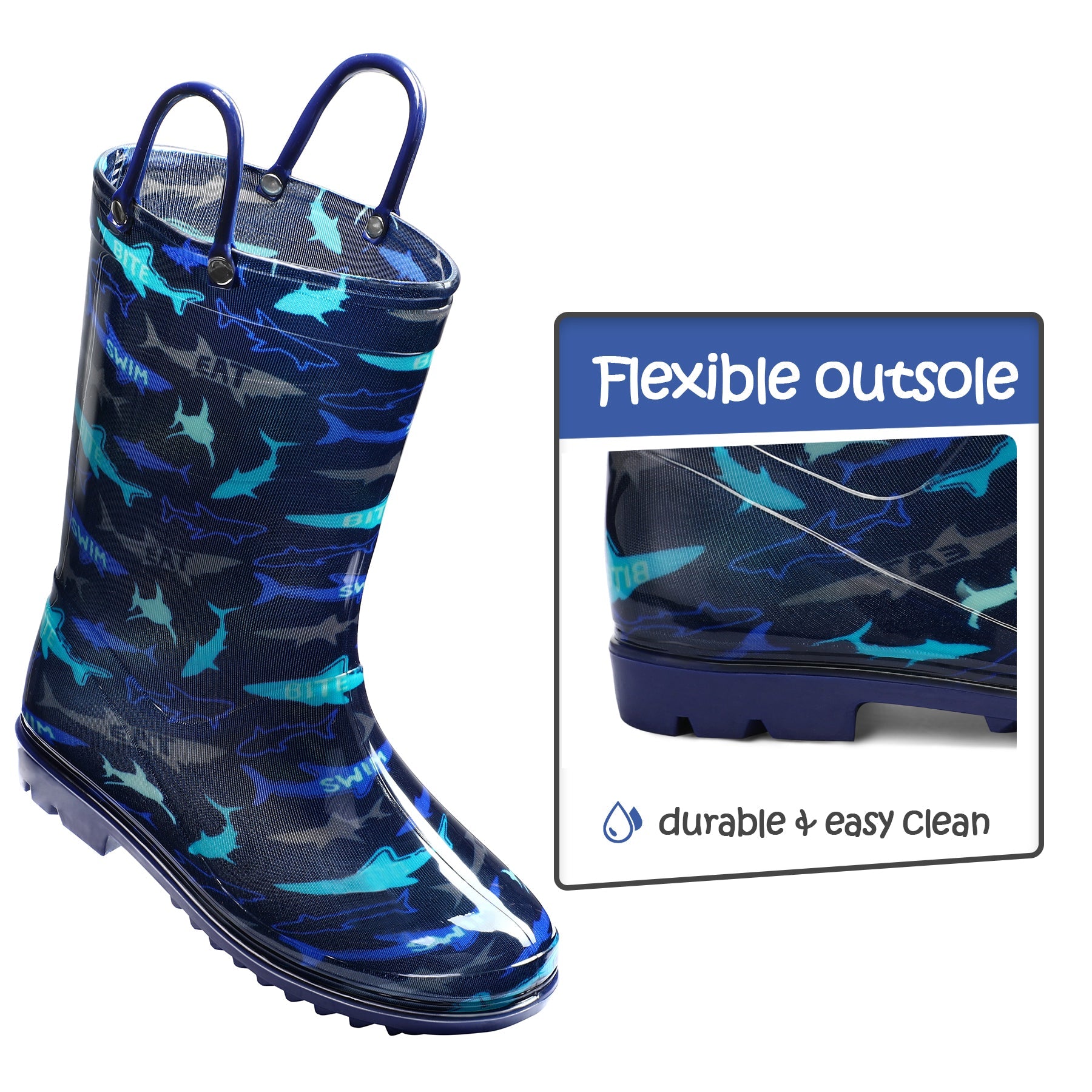 PVC Shark Print Navy Rubber Rain Boots - MYSOFT