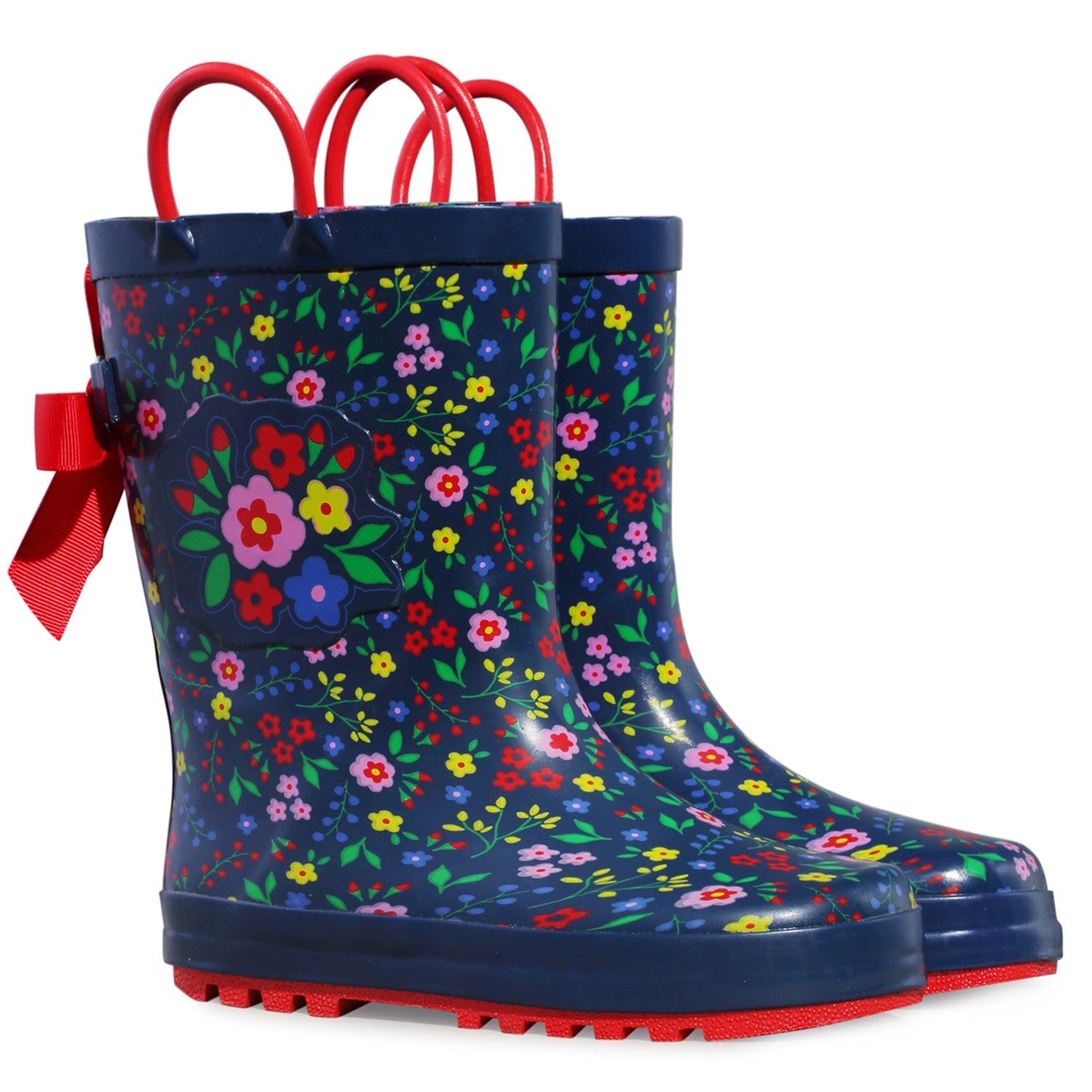 Floral Print 3D Bow Navy Rubber Rain Boots - MYSOFT