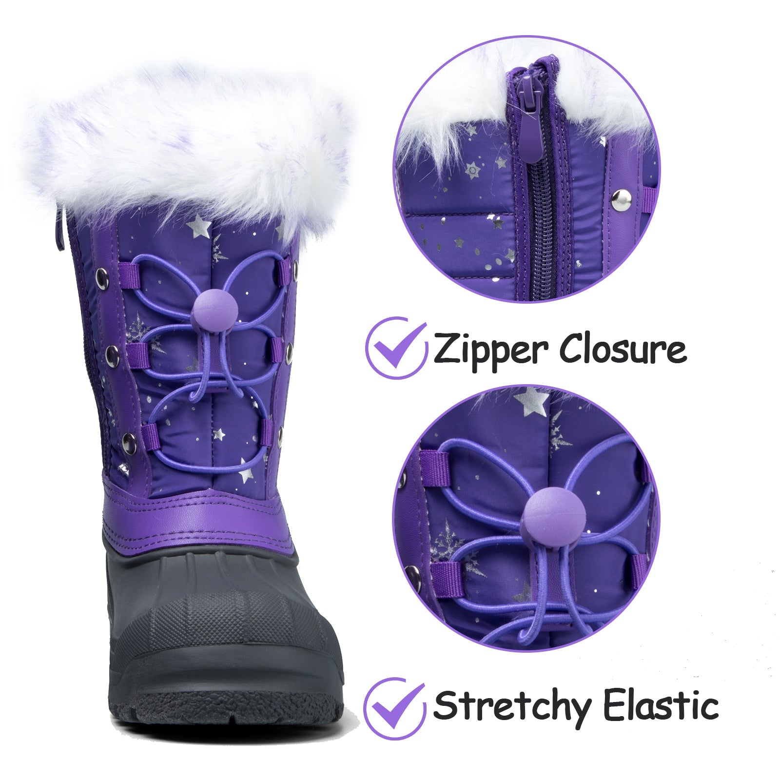 Purple Fur Collar Glitter Stars Waterproof Snow Boots - MYSOFT