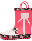 White Cat Flower Print Red Rubber Rain Boots - MYSOFT