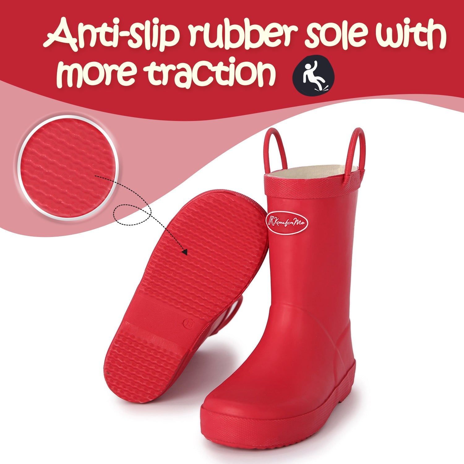 Pure Red Waterproof Rubber Rain Boots - MYSOFT