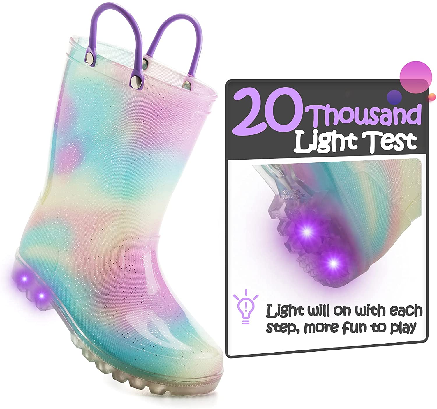 Kids Girls Light Rain Boots Solid Glitter Aurora with Led - KKOMFORME