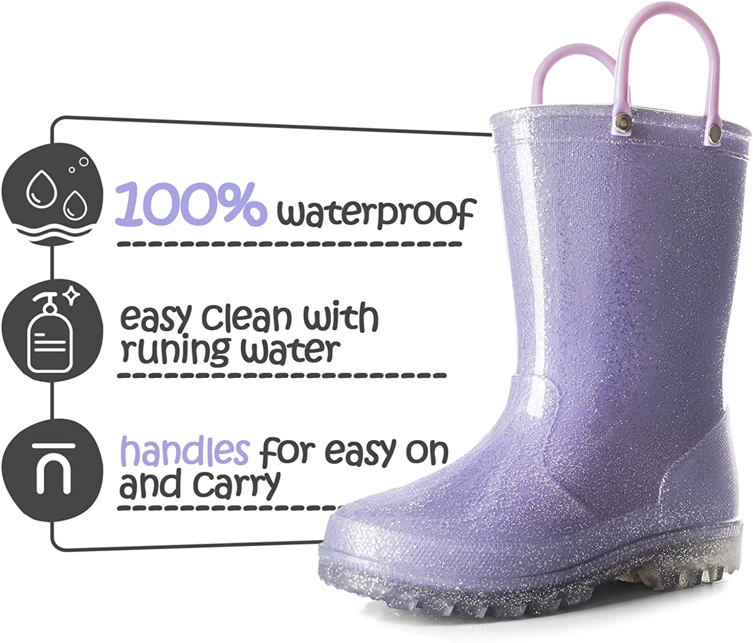 Kids Girls Light Rain Boots Solid Glitter Purple with Led - KKOMFORME