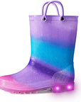 Kids Girls Light Rain Boots Solid Glitter Purple Blue with Led - KKOMFORME