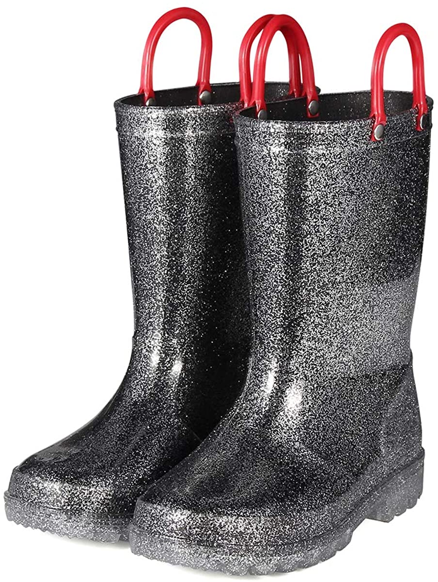 Kids Girls Light Rain Boots Solid Glitter Black with Led - KKOMFORME