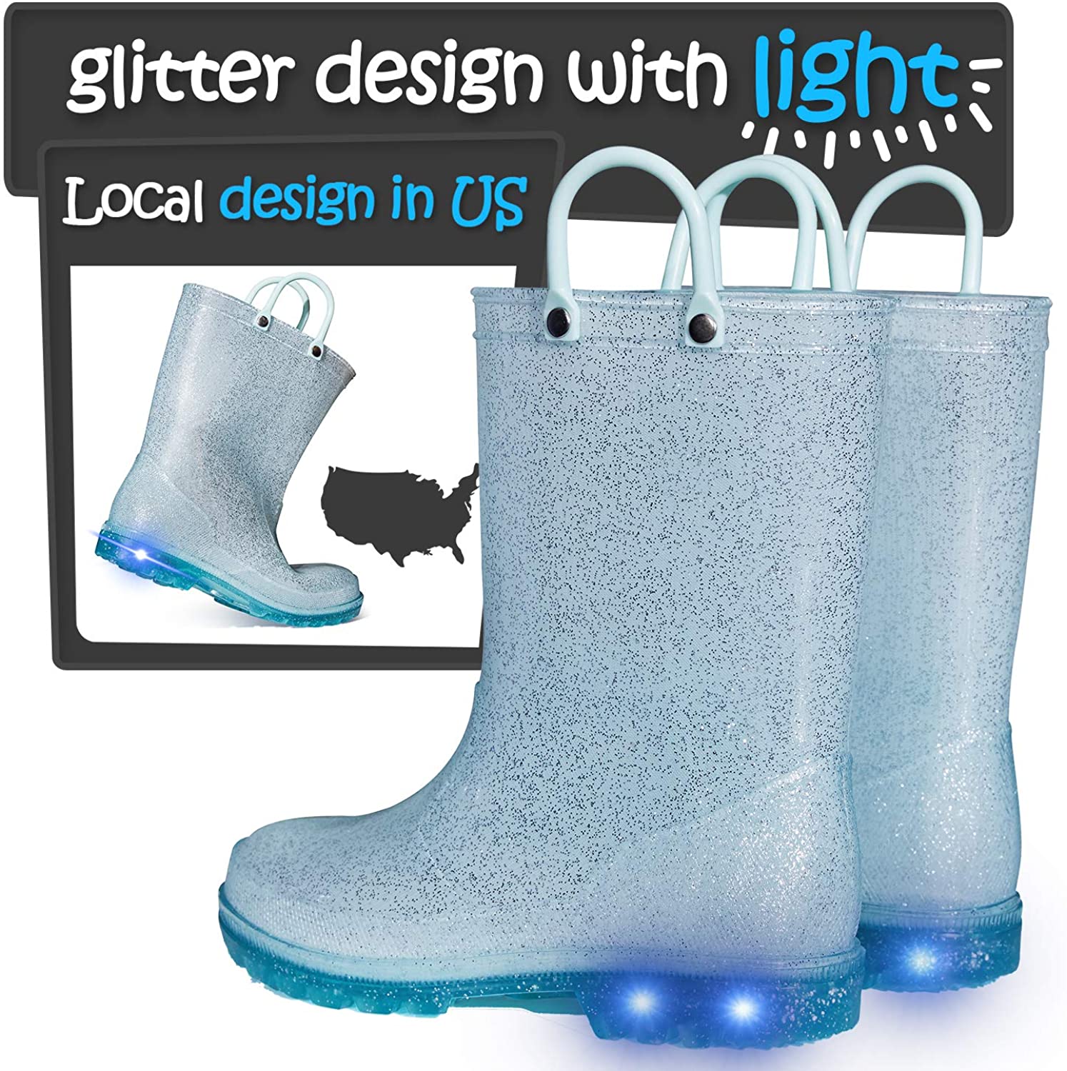 Kids Girls Light Rain Boots Solid Glitter Blue with Led - KKOMFORME