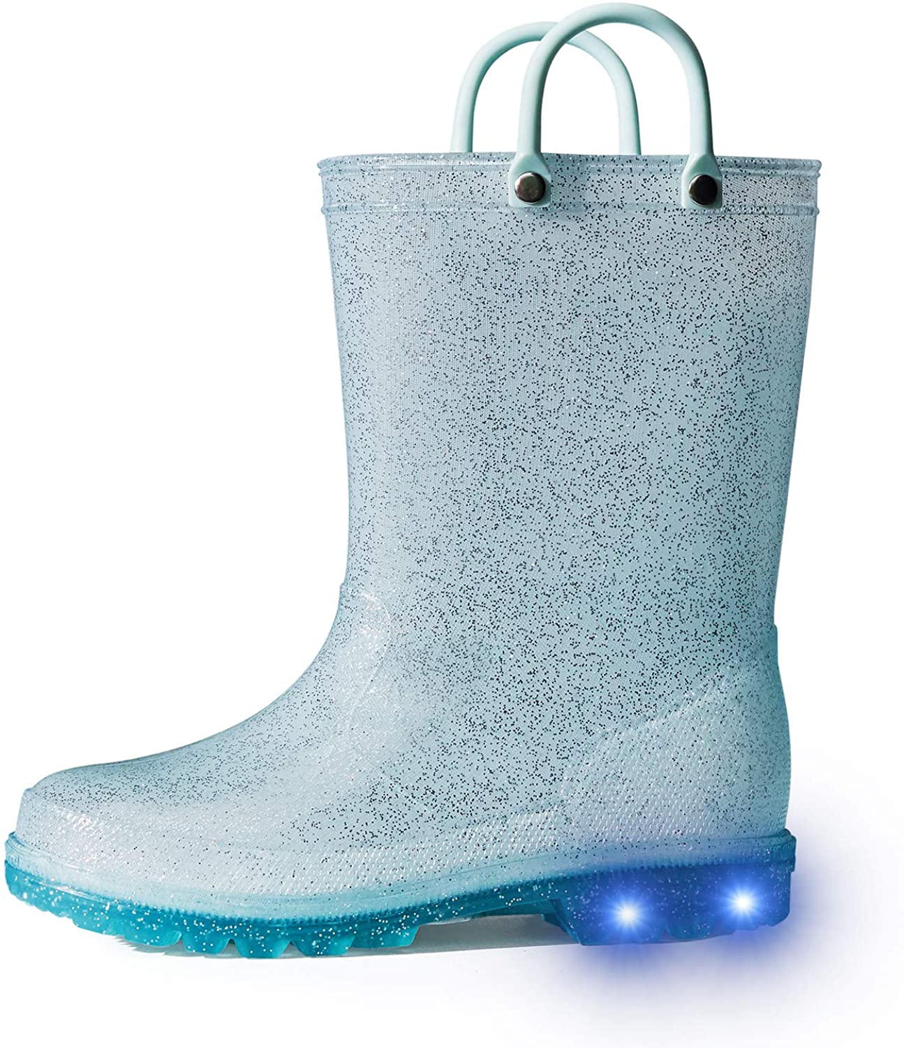 Kids Girls Light Rain Boots Solid Glitter Blue with Led - KKOMFORME