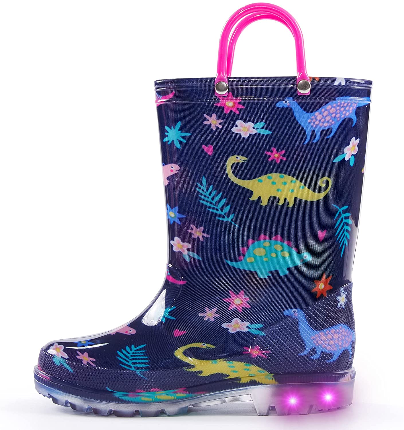 K KomForme Toddler Light Up PVC Black Dinosaur Rain Boots