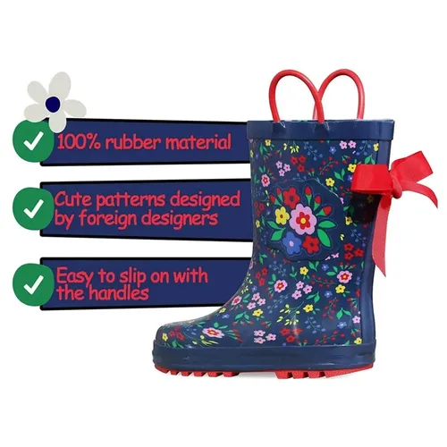 Girl Rain Boots Rubber Flowers Kids Shoes - KKOMFORME