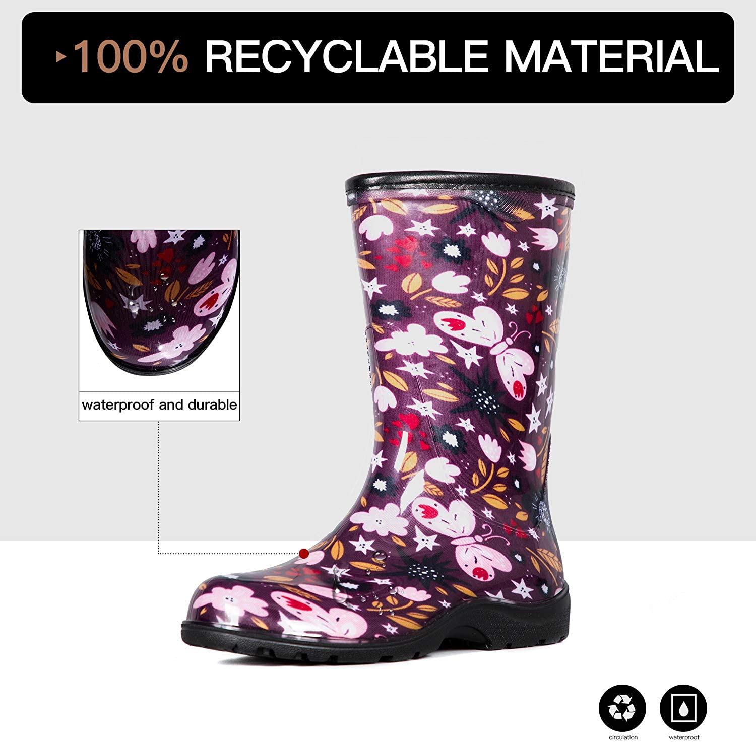 Pink Butterfly Waterproof Print Rain Boots - MYSOFT