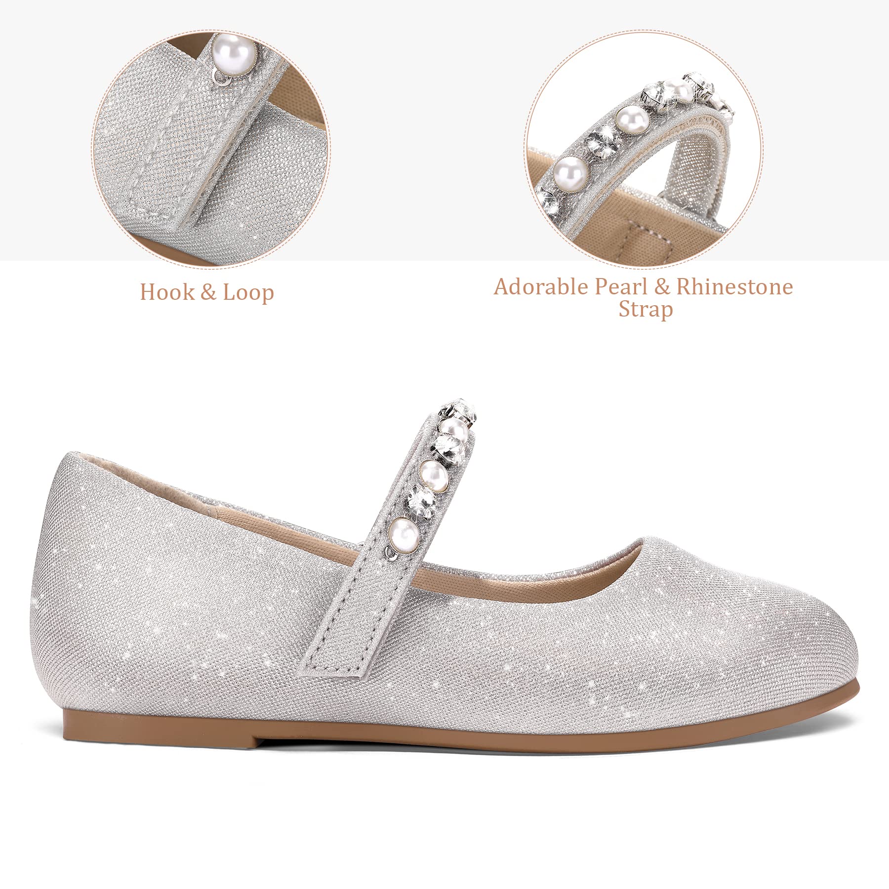 Kids Dress Shoes-Mary Jane Flats with Pearl Rhinestone Strap