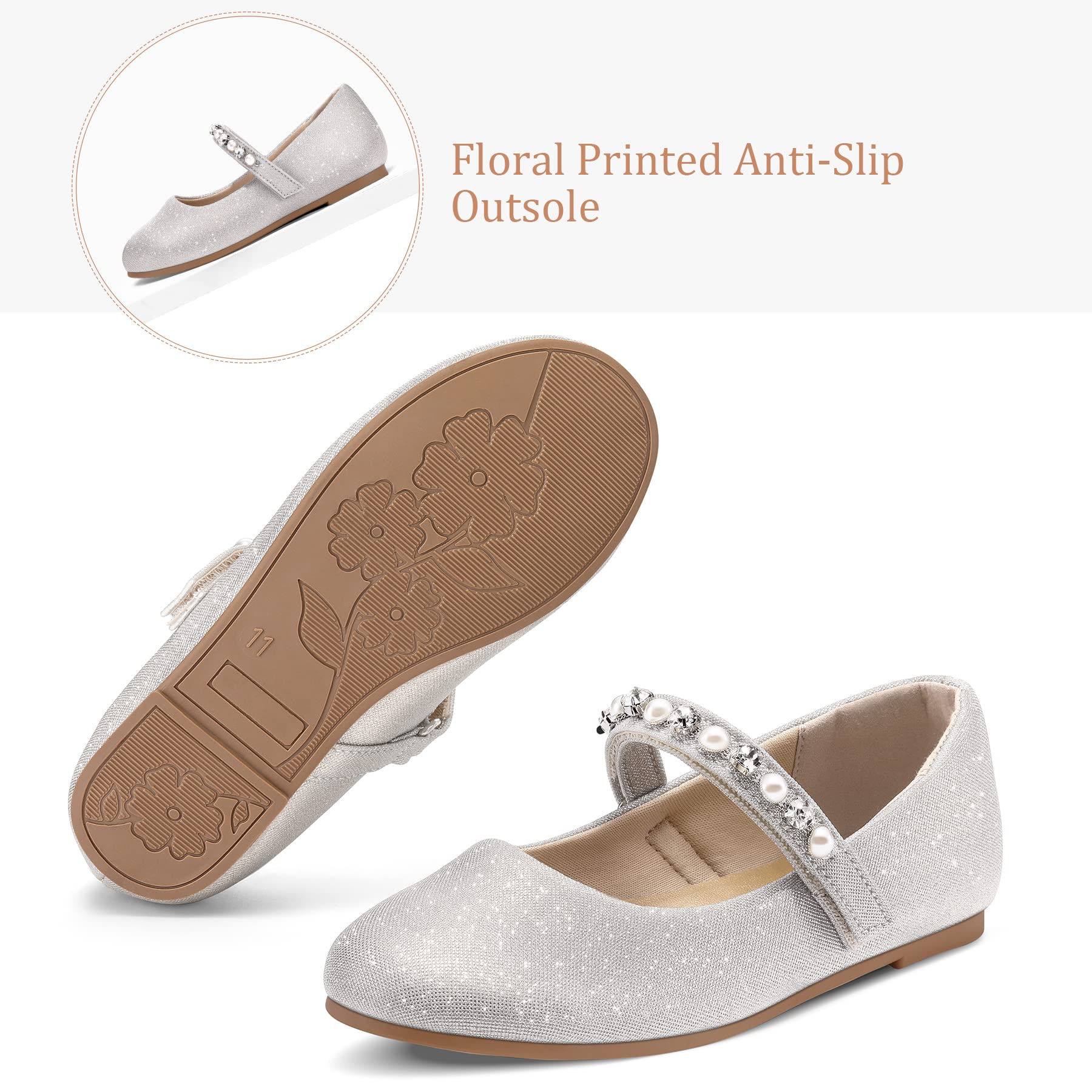 Kids Dress Shoes-Mary Jane Flats with Pearl Rhinestone Strap