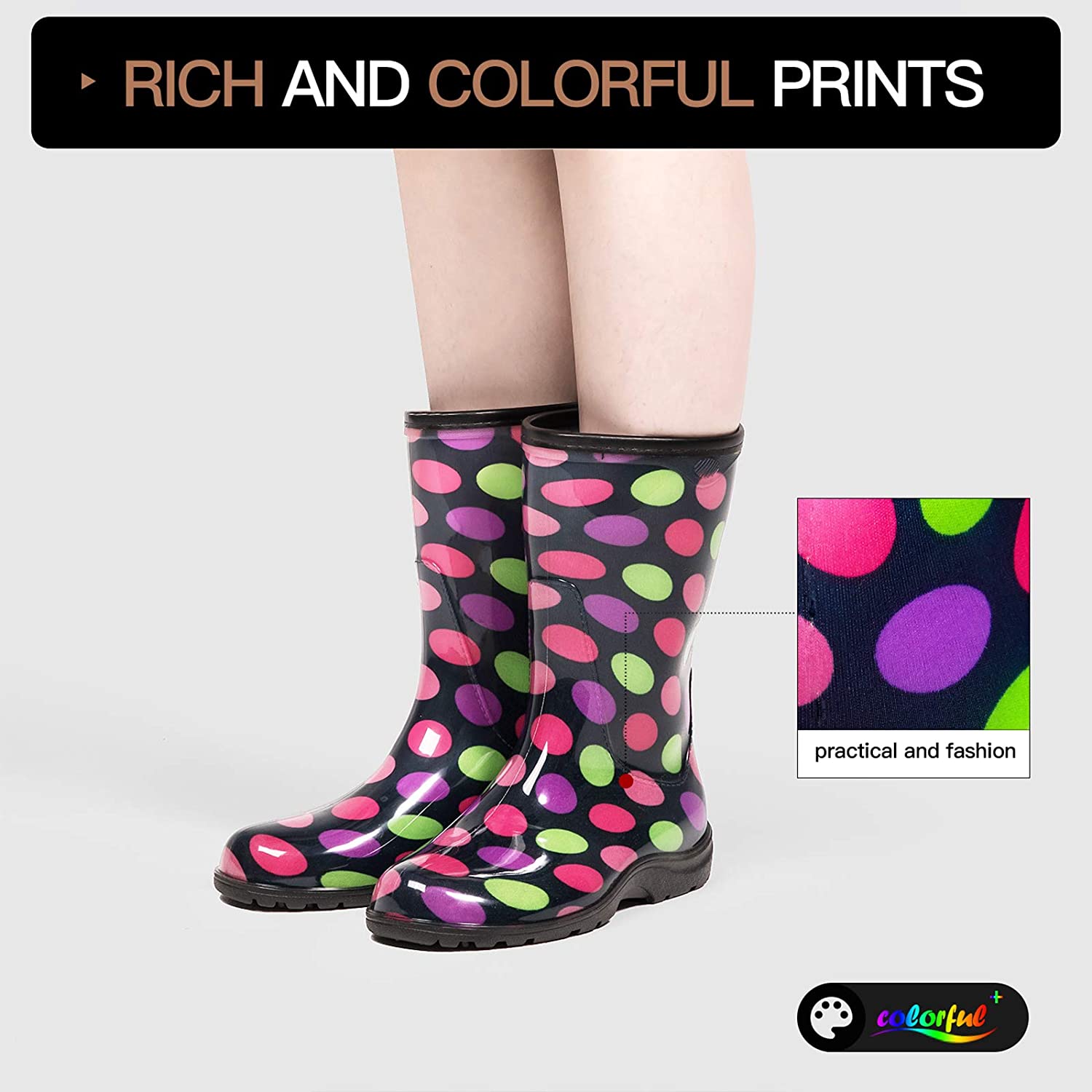 Colorful Polka Dot Waterproof Print Mid-Cut Rain Boots - MYSOFT