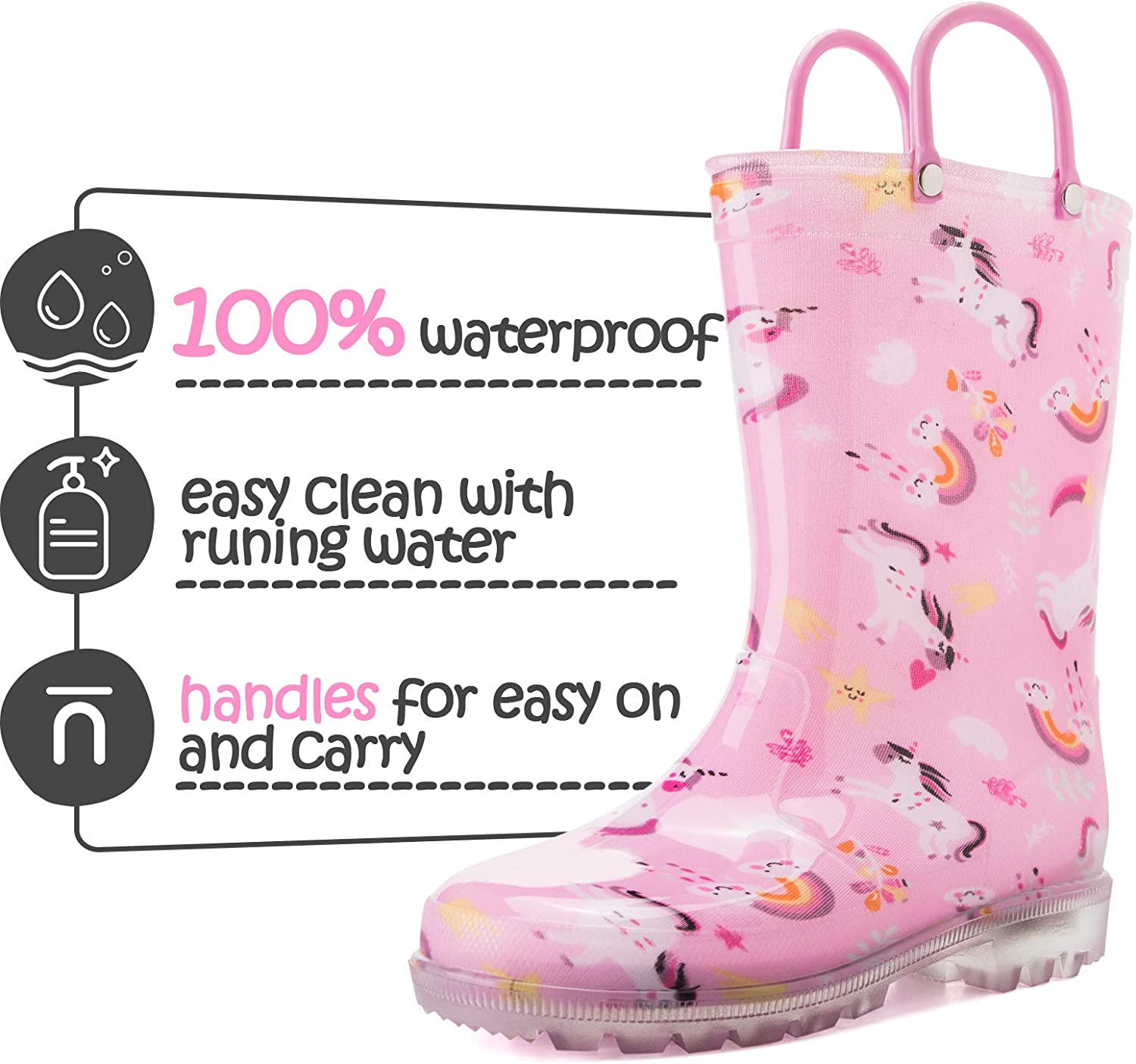 K KomForme Toddler Light Up PVC Pink Unicorn Rain Boots