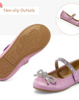 Kids Dress Shoes-Rhinestone Bow Embellished Glitter Mary Jane Flats