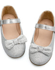 Kids Dress Shoes-Silver/Purple Sequined Mary Jane with Bow Tie