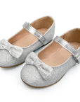 Kids Dress Shoes-Silver/Purple Sequined Mary Jane with Bow Tie