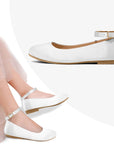 Kids Dress Shoes-White Leather Ankle Strap Ballet Flats
