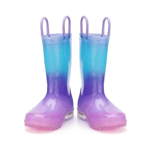 Girls Light Rain Boots Light Up Blue Glitter Kids Shoes - KKOMFORME