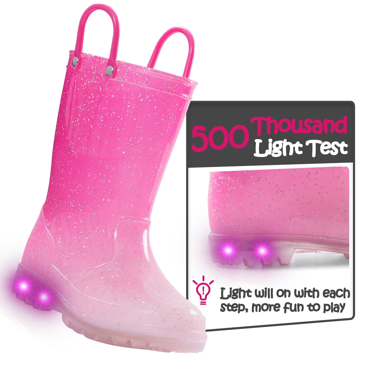 Pink Gradient Glitter Waterproof Lighted Rain Boots - MYSOFT